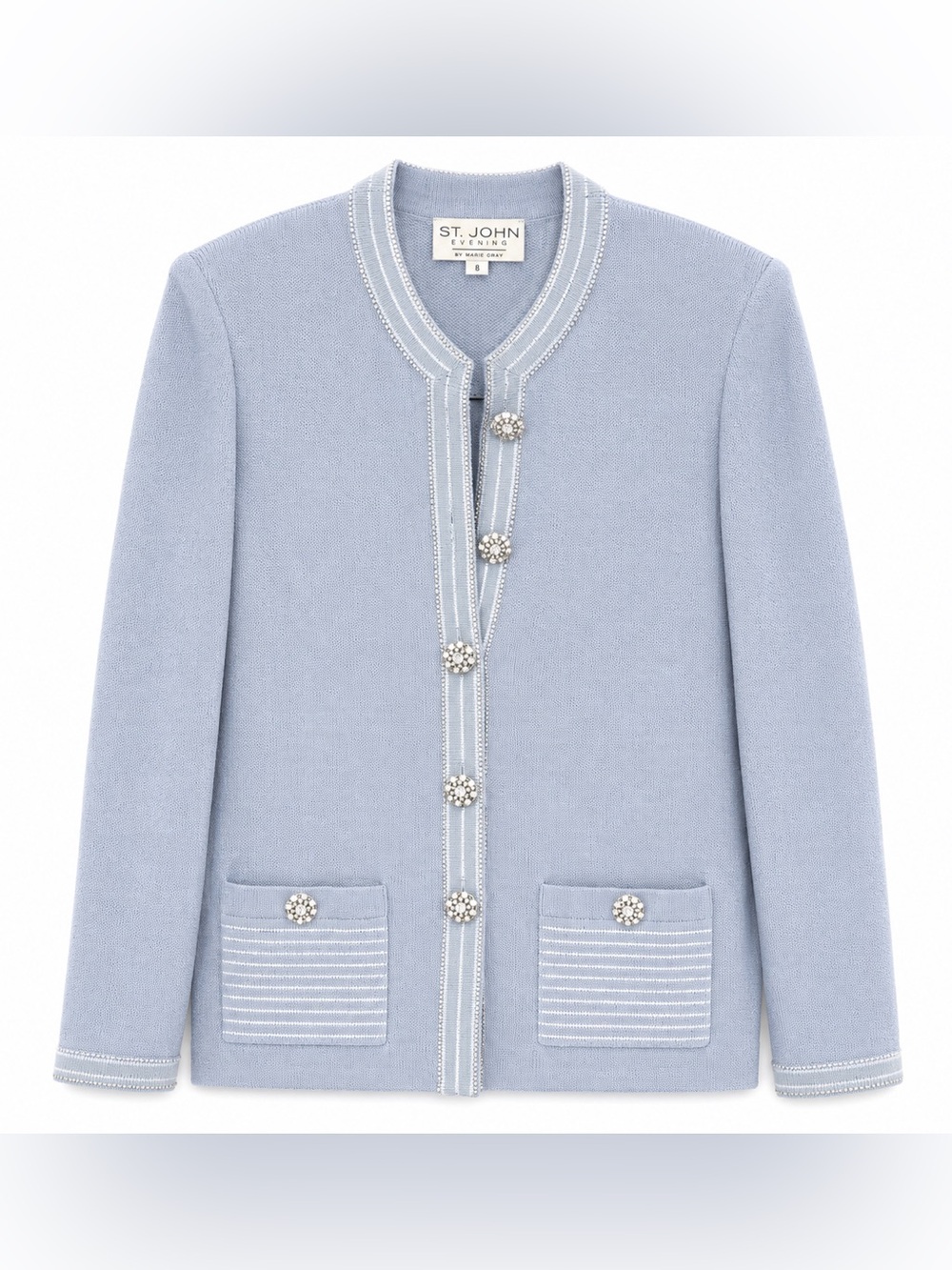 St. John Evening Santana Knit Jacket Blazer Size 8 Blue USA Rhinestone Buttons - Picture 1 of 4